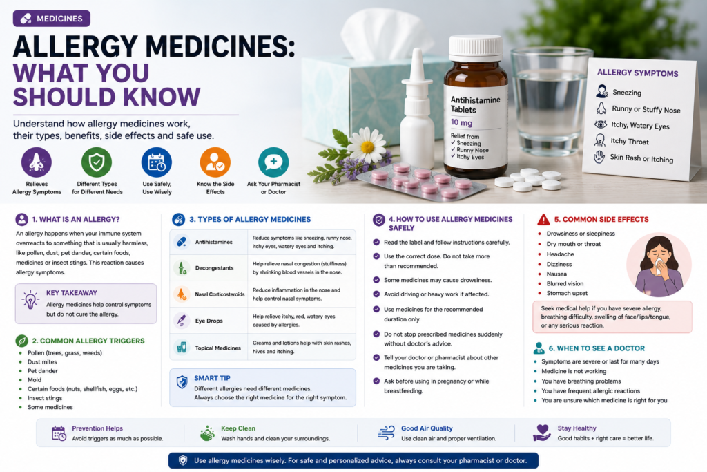 Allergy medicine tablets and nasal spray with a symptom checklist for safe allergy relief.
