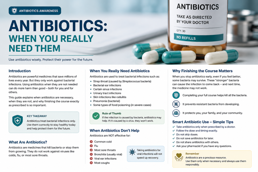 Prescription bottle, antibiotic capsules, doctor guidance label, and clean medical safety icons.
