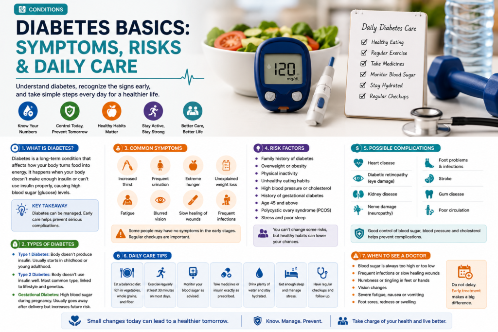 Blood sugar monitor with healthy food and daily diabetes care checklist.