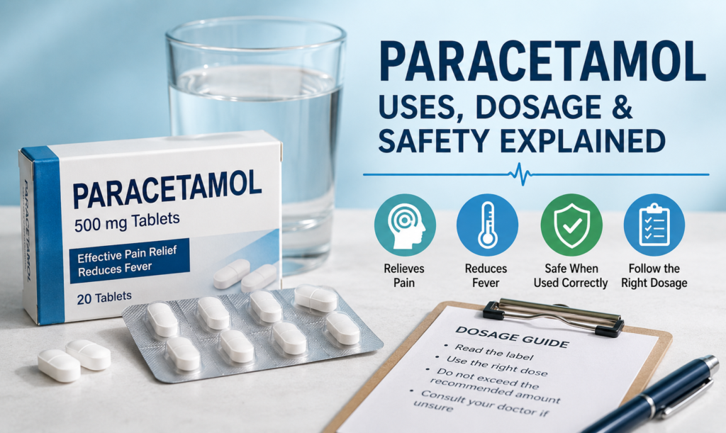 Paracetamol tablets with a medicine label and glass of water for safe medication use.