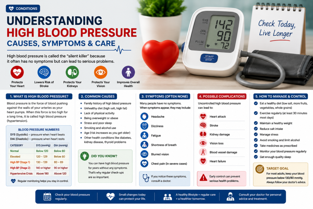 Blood pressure monitor with heart health icons explaining high blood pressure causes, symptoms, and care.