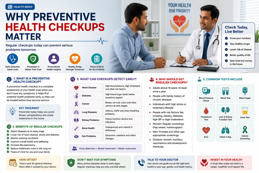 Doctor consultation with preventive health checkup icons for early detection and better health.